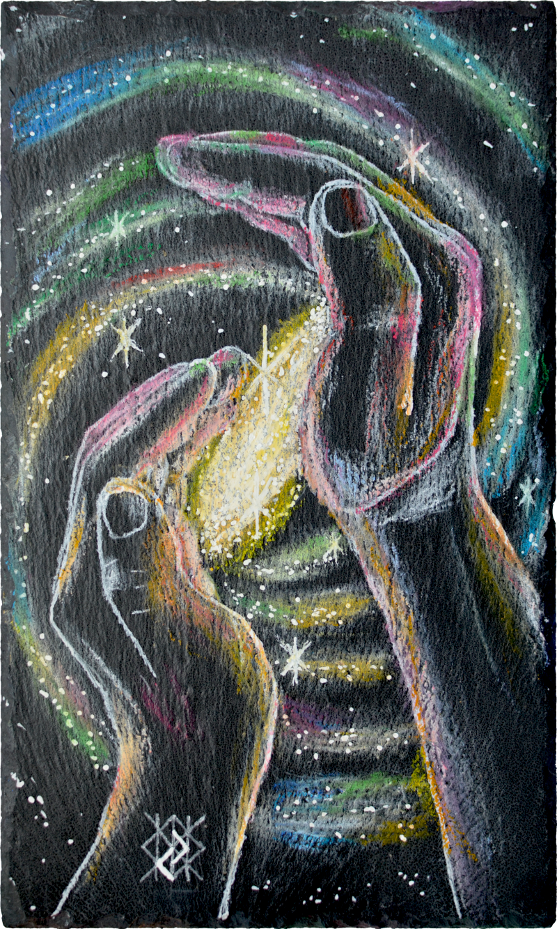 Runic Alchemy - illustration of Jera rune gesture - hands as left and right angles of the Jera on the background of spinning galaxy with spiral arms following cirvature of hands.